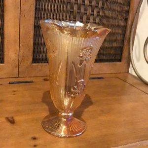 Peach iris & herringbone carnival glass vase